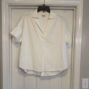 Madewell White Short Sleeve Blouse | Relaxed Fit Collared Work Top | Size M